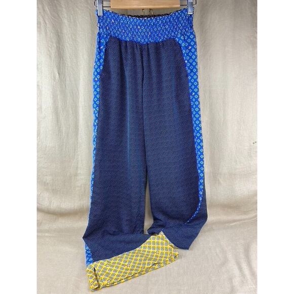 Aerie Blue Satin Boho Print Lounge Pant Comfort Smocked Waist Women's Medium - Picture 1 of 8